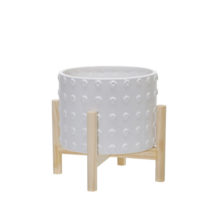 Ceramic Dotted Planter With Wood Stand 8" - White