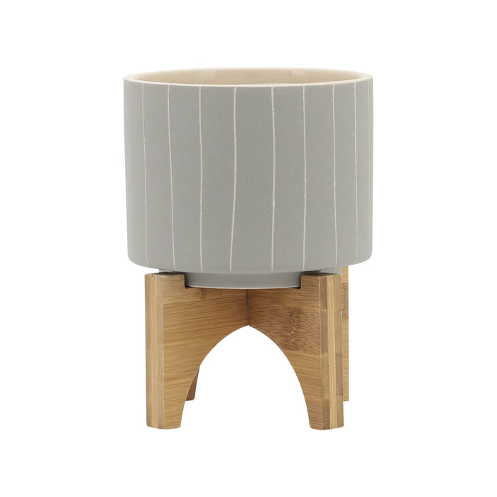 Ceramic Stripes Planter With Stand 5" - Tan