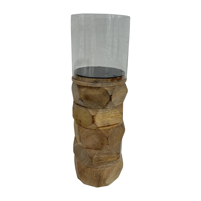 Wood 12" Stacked Hexagon Pillar Hurricane - Natural