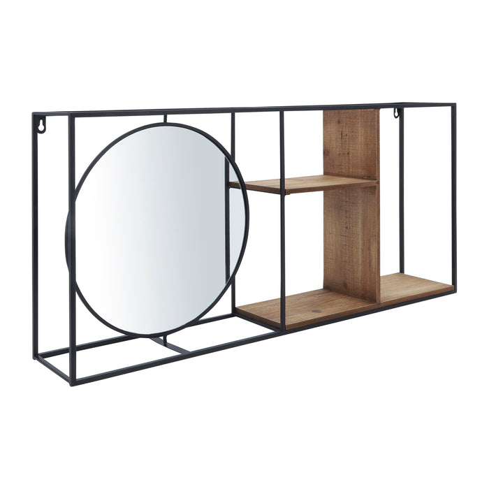 Metal / Wood Wall Shelf With Mirror 34" - Black / Brown