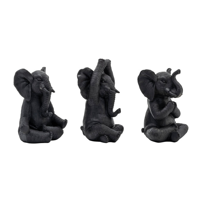 Resin (Set of 3) 8" Yoga Elephants - Black