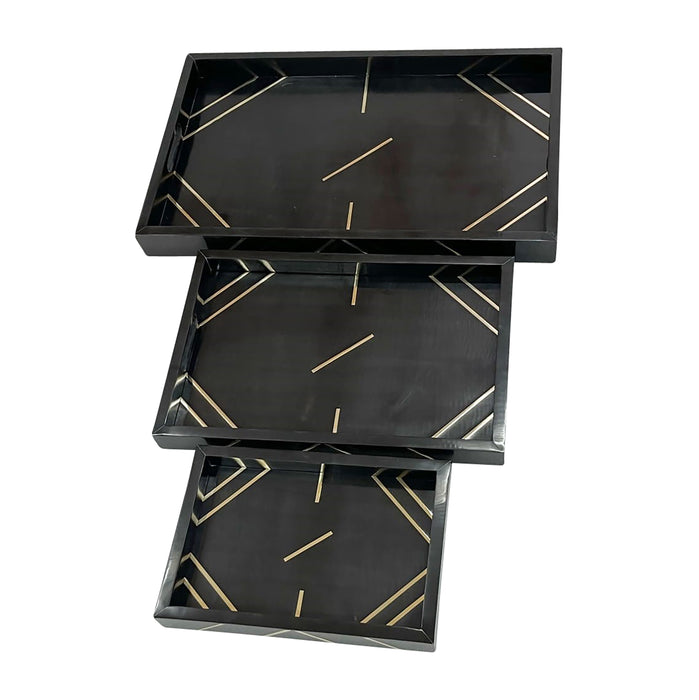 Resin Brass Inlay Rectangle Tray 13 / 18 / 24" (Set of 3) - Black