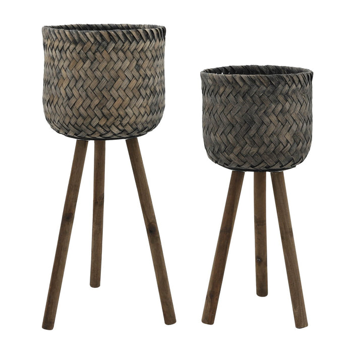 Bamboo Planters On Stands (Set of 2) - Dark Gray