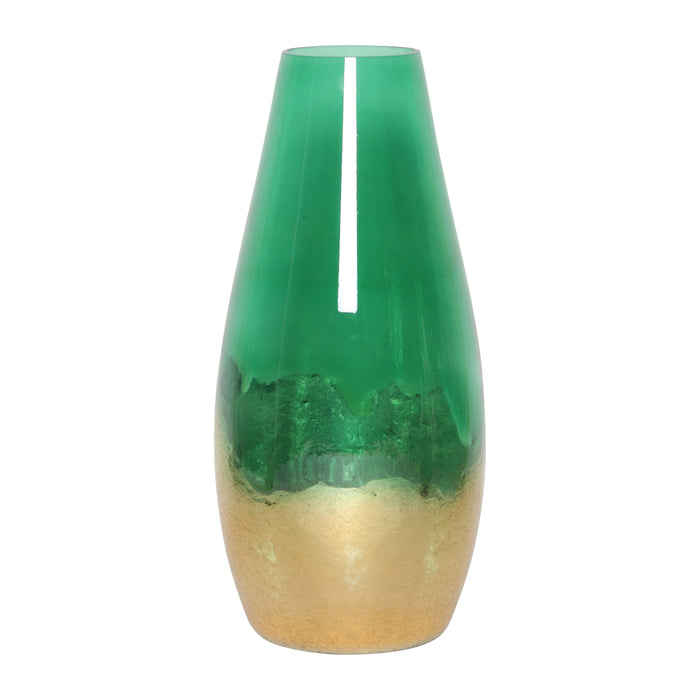 Glass 15" Gold Dipped Vase - Green
