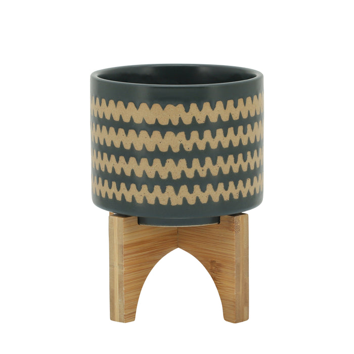 Ceramic Zig-Zag Planter With Stand - Teal