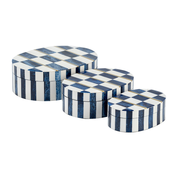 Resin (Set of 3) 6/7/9"Checkered Pttrn Oval Boxes - White/Blue