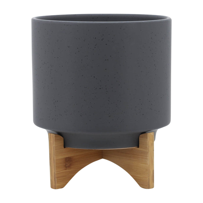 Planter With Wood Stand 10" - Matte Gray