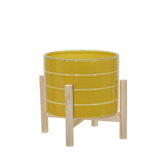 Ceramic Striped Planter With Wood Stand 8" - Yellow