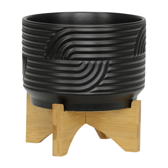 Ceramic Abstract Planter On Stand 7" - Black