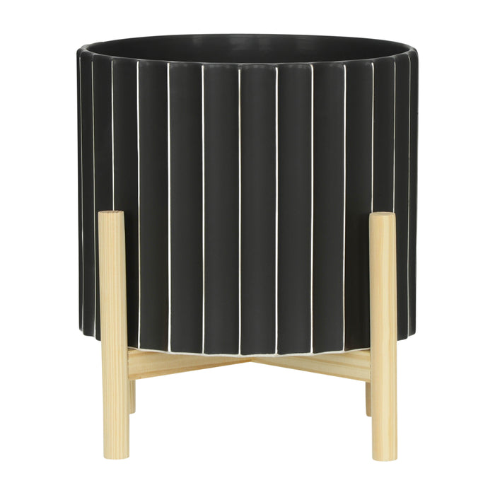 Ceramic Fluted Planter With Wood Stand 12" - Black