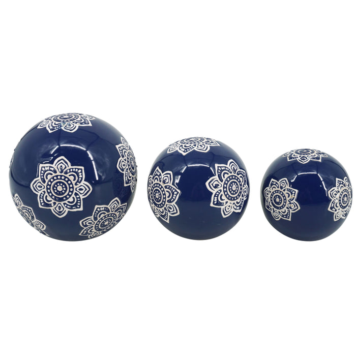 Ceramic Chinoiserie Lotus Orbs 4/5/6" (Set of 3) - Blue/White