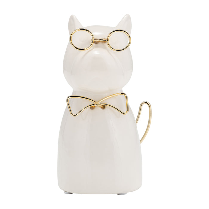 Ceramic 6" Puppy With Gold Glasses And Bowtie - White