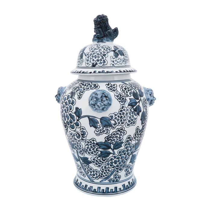 Ceramic Lion Heads Temple Jar 18" - Blue