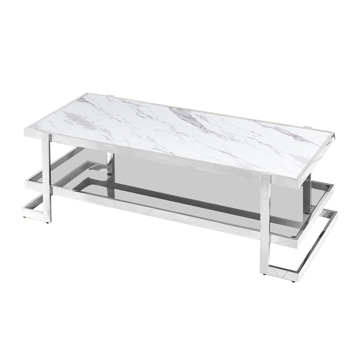 Metal / Marble Glass Coffee Table - Silver / White