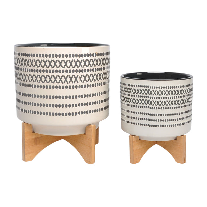 Aztec Planter With Wood Stand 8 / 10" (Set of 2) - Gray