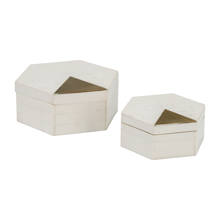 Resin Hxgon Boxes With Brass Inlay 5 / 7" (Set of 2) - White / Gold