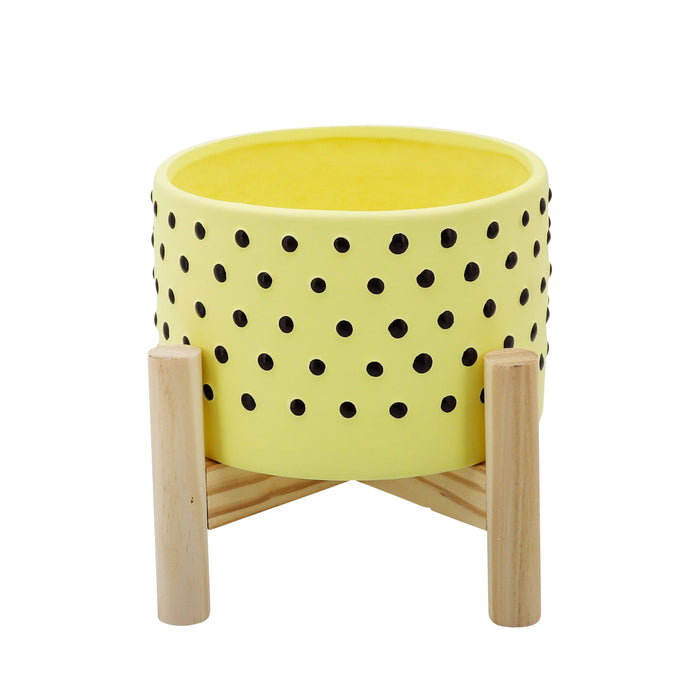Dotted Planter With Wood Stand 6" - Yellow