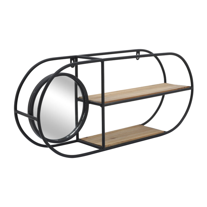 Metal / Wood Oval Wall Shelf With Mirror 23" - Black