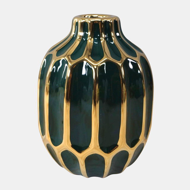 Ceramic Vase 8" - Forest Green/Gold