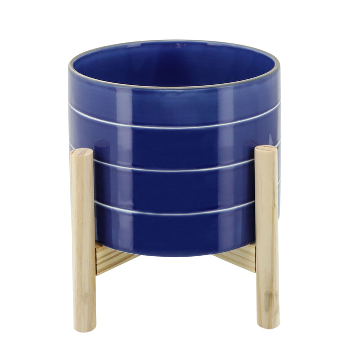 Striped Planter With Wood Stand 8" - Navy