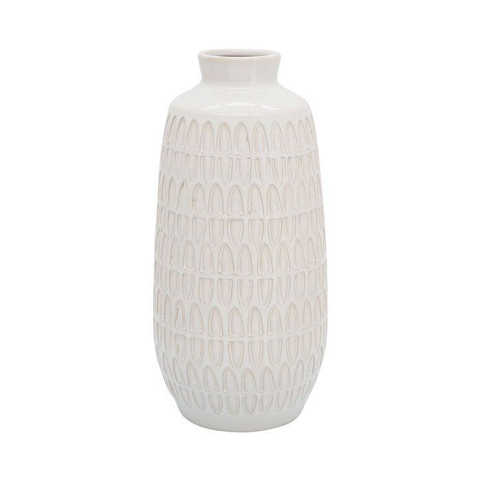 Ceramic Carved Vase 12" - Ivory / Beige