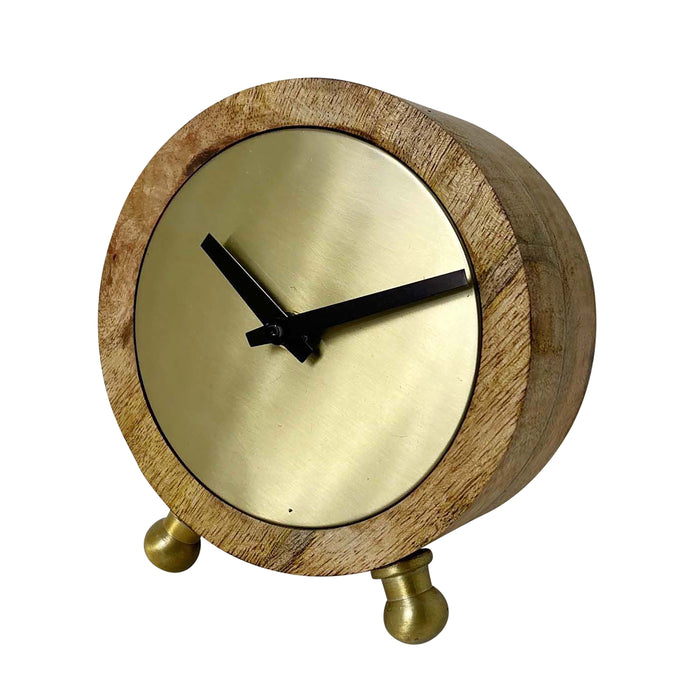Wood Round Gold Face Table Clock 6"