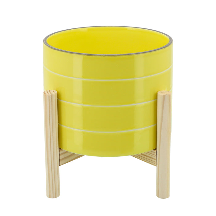 Striped Planter With Wood Stand 8" - Yellow