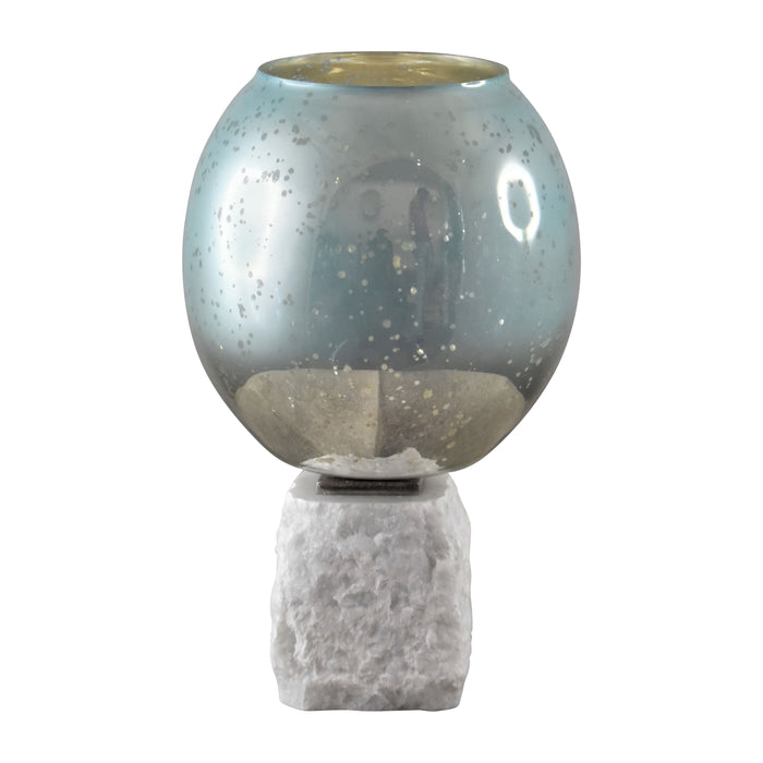 Glass 13" Bowl Pillar Holder Marble Base - Aqua / White