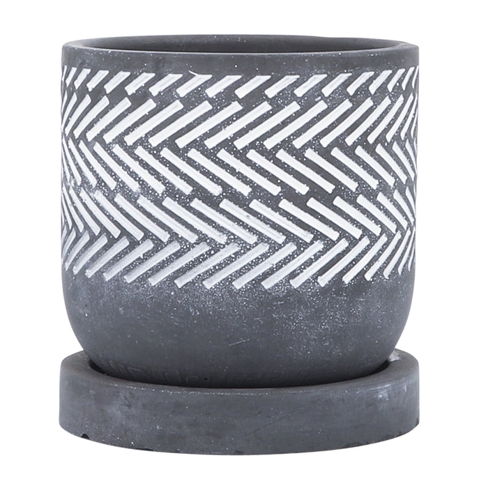 Cement Tribal Planter With Saucer 5" - Gray