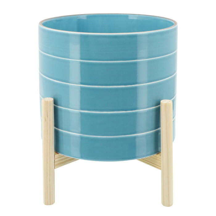 Striped Planter With Wood Stand 10" - Skyblue