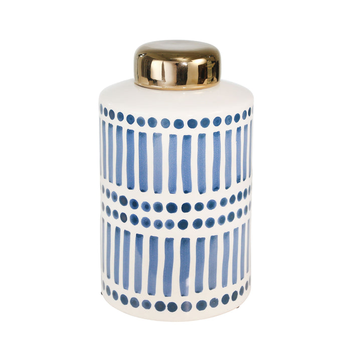 Ceramic Jar With Gold Lid 9" - Blue