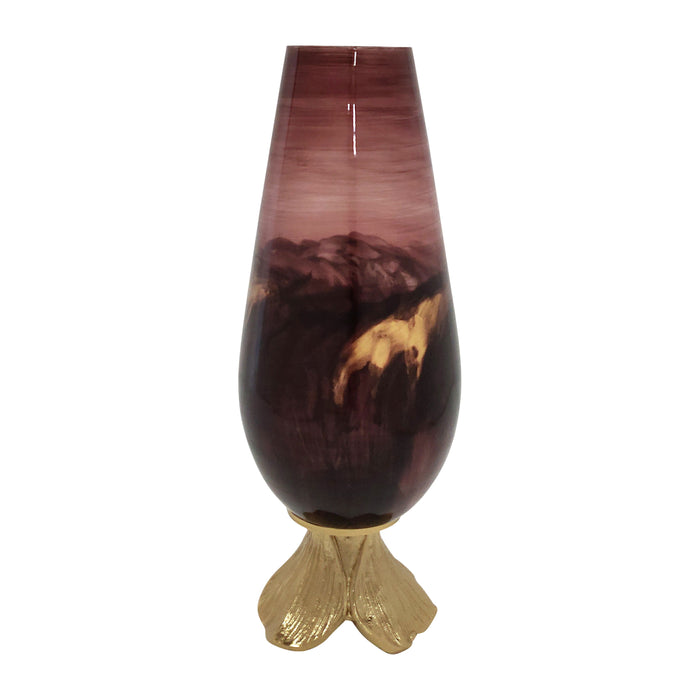 Glass 15" Vase With Leaf Base - Bronze