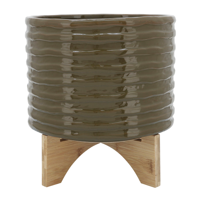 Ceramic Textured Planter With Stand 10" - Olive