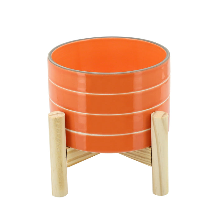 Striped Planter With Wood Stand 6" - Orange